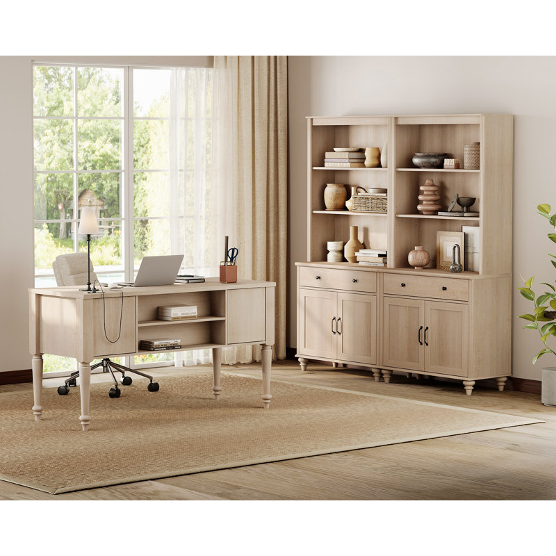 2 Piece Office Set, 56" Executive Desk & Set Of 2 Bookcases, Beige