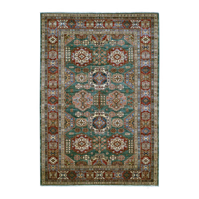 Tapis de style oriental super Kazak 5 pi 10 po x 8 pi 8 po vert sarcelle avec motif à médaillons géométriques, noué à la main, pure laine, teinture végétale, tapis oriental