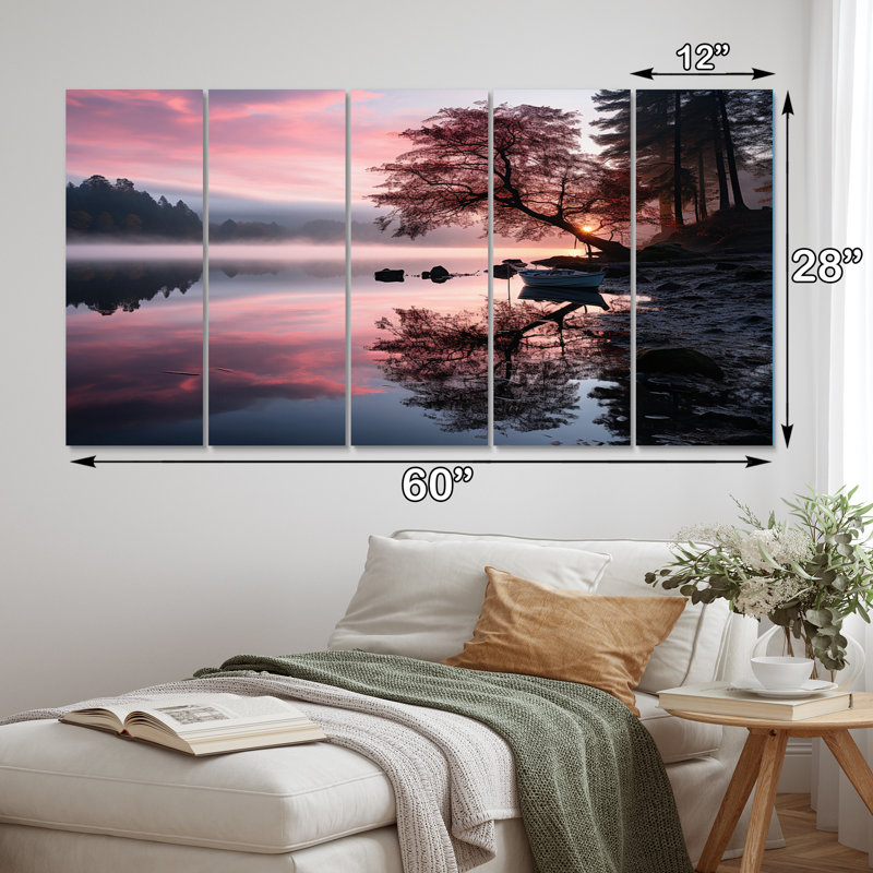 «Lake Serenity Pastel Sunrise In Autumn III - Lake Wall Art Living Room» - 5 panneaux égaux