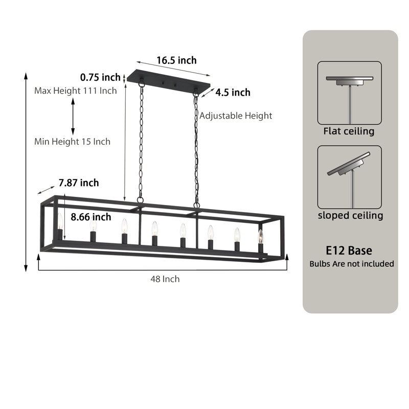 8 - Light Kitchen Island Steel Rectangle Dimmable Pendant, Zinc