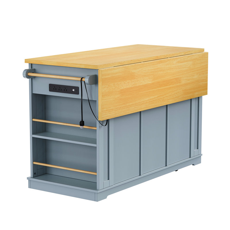 Blue 53Inch Kitchen Island Cart With Internal Storage And Power Outlets - For Functional Kitchens Movable Drop Leaf Large In Space, Foldable Leaf, Socket