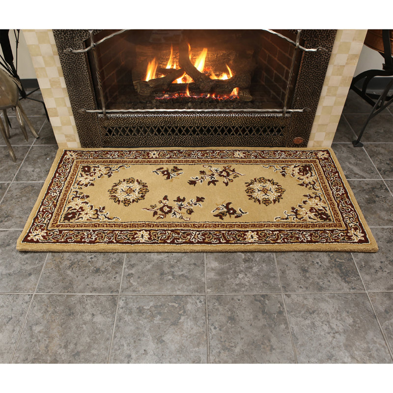 Handmade Beige Wool Oriental Hearth Rug, 56" x 26"