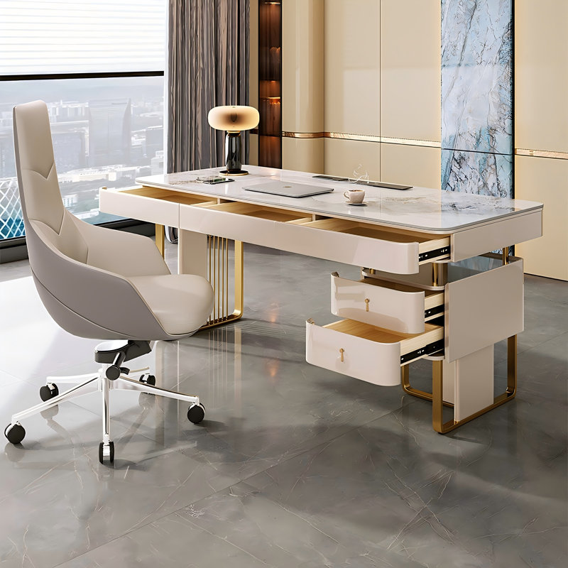Bureau d'écriture rectangulaire en pierre frittée beige 55,12 ", 5 tiroirs, H 29,53 po x l 55,12 po x P 27,56 po