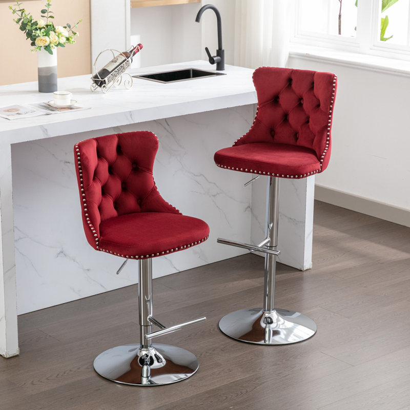 Swivel Velvet Barstools with Adjusatble Seat Height, Silver, Burgundy