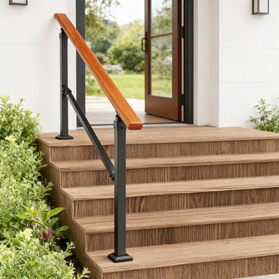 Outdoor Staircase Handrails, Indoor Staircase Handrails, Porch Low-Carbon Steel Metal Handrails/Concrete/Wooden Steps, Imitation Wood Grain, With Installation Kit