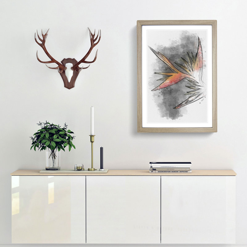 Orange and Red Bird of Paradise - Picture Frame Painting Print, Oak Framed, 45cm H x 33cm W x 2cm D