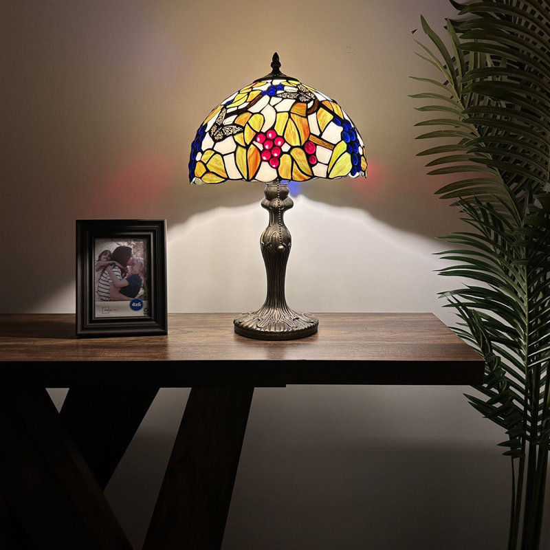 Habiba Tiffany Table Lamp Stained Glass Butterfly Grapes Green Leaves 12"W*12"D*19"H