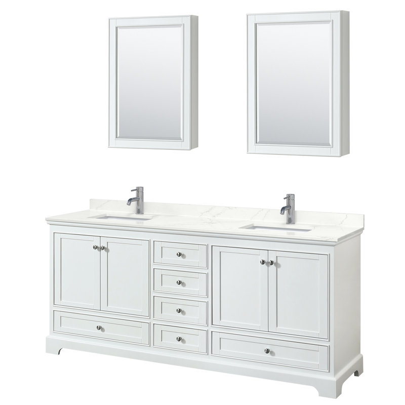 Meuble-lavabo double autoportant Deborah avec plateau en quartz, Quartz blanc, Blanc, Noir mat