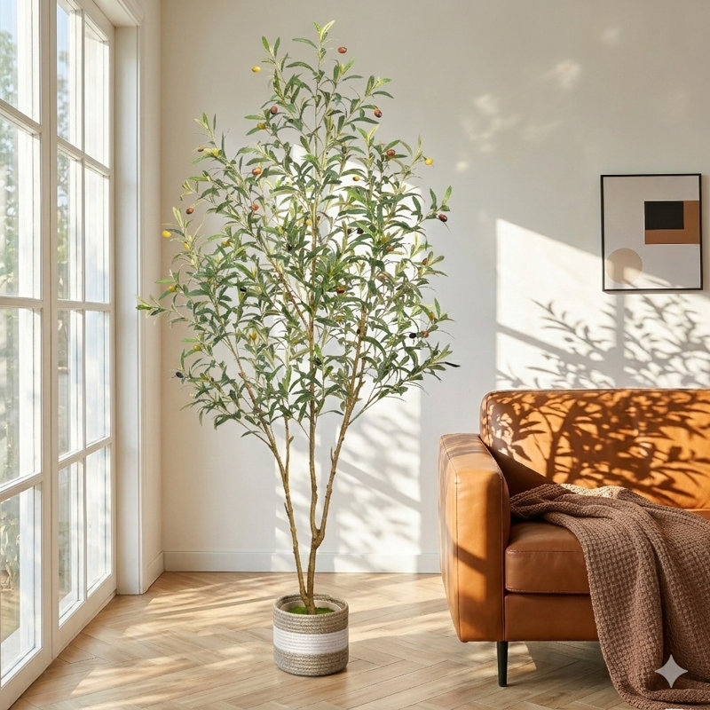 71" Faux Olive Tree, Tall Artificial Olive Tree with Dense Silvery-Green Leaves and Realistic Trunk, Potted Floor Plant for Living Room Bedroom Office Home Decor