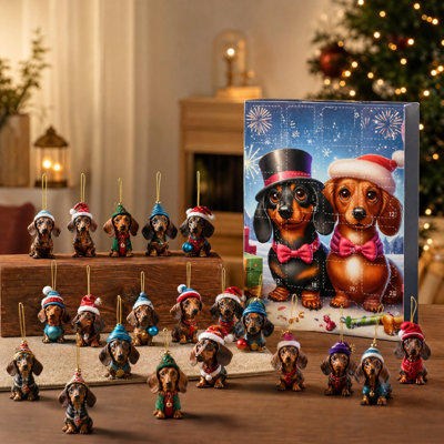 Ornement en forme de calendrier de l'Avent avec décorations de Noël pour chien avec saucisse, conception de suspension pour compte à rebours de 24 jours pour Noël 2026, décorations suspendues pour arbre de Noël