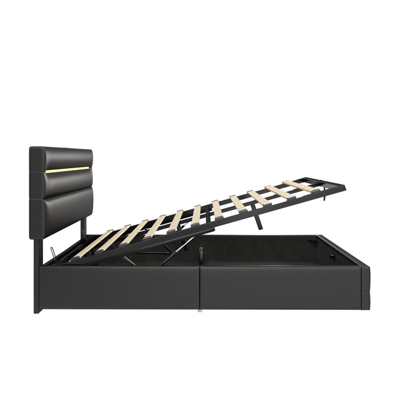 Upholstered Bed With Storage, Led And Usb Linen Black, Double (4'6)