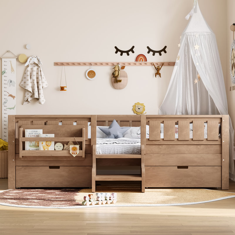 Full Kids Floor Bed with Stairs, Rails and Slats,Full Size Montessori Floor Bed with Bookshelf and 2 Storage Drawers,Easy Assemble Montessori Beds Frame,Natural