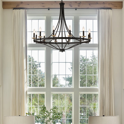 Mattheo 12-Light Dimmable Steel Candle Style Hardwired Wagon Wheel Chandelier with Adjustable Height
