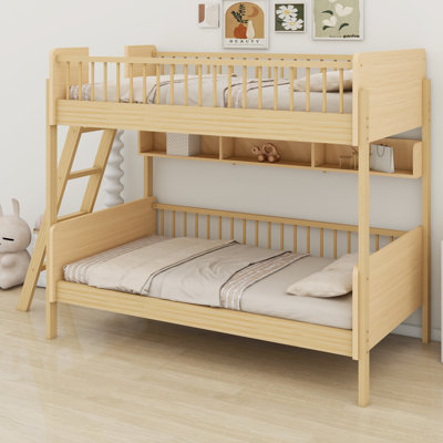 Wooden Bunk Bed With Storage Shelves,Ladder Can Be Changed Left Or Right