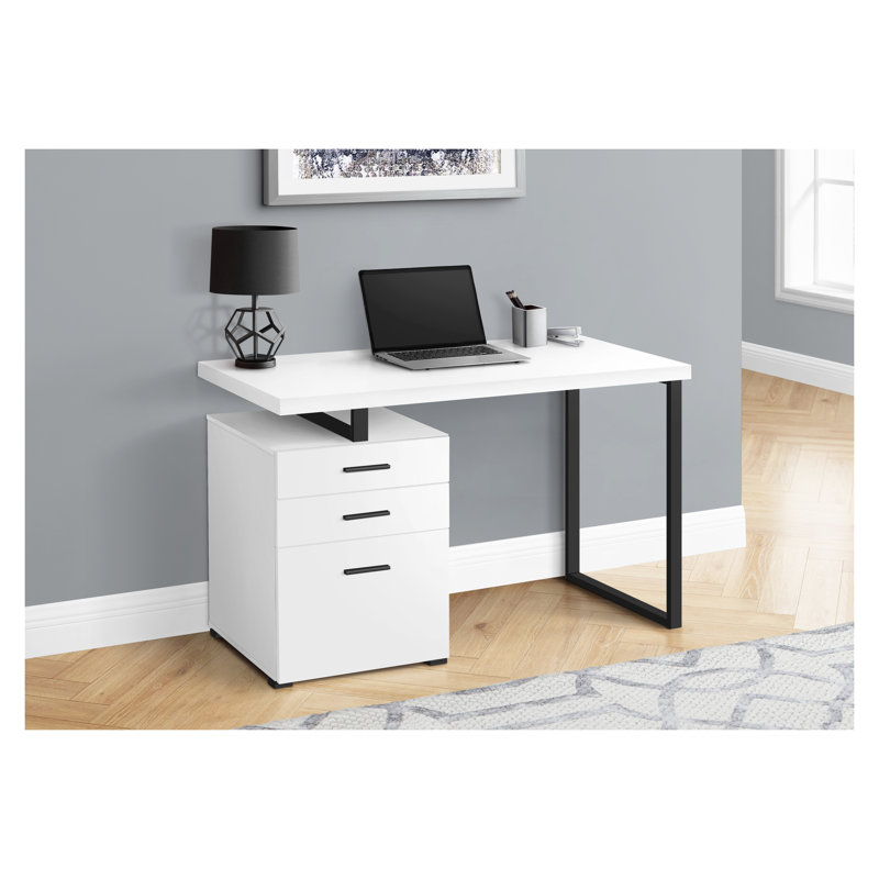 Bureau d'ordinateur moderne de 48 pouces avec tiroirs de rangement - Bureau réversible, bureau en stratifié blanc et métal noir pour ordinateur portable et d'écriture
