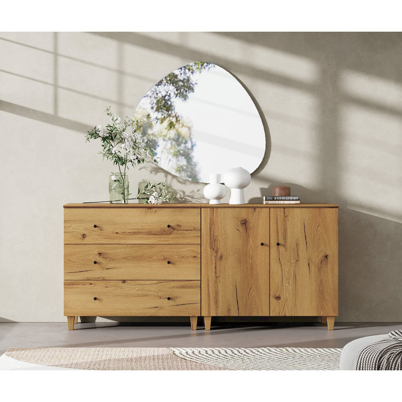 Commode 2-en-1 avec 3 tiroirs et 1 armoire pour chambre à coucher Lysiane, Brun chêne