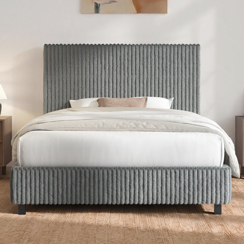 Queen Size Modern Upholstered Bed Frame with Vertical Corduroy Headboard,Gray, Gray, Queen