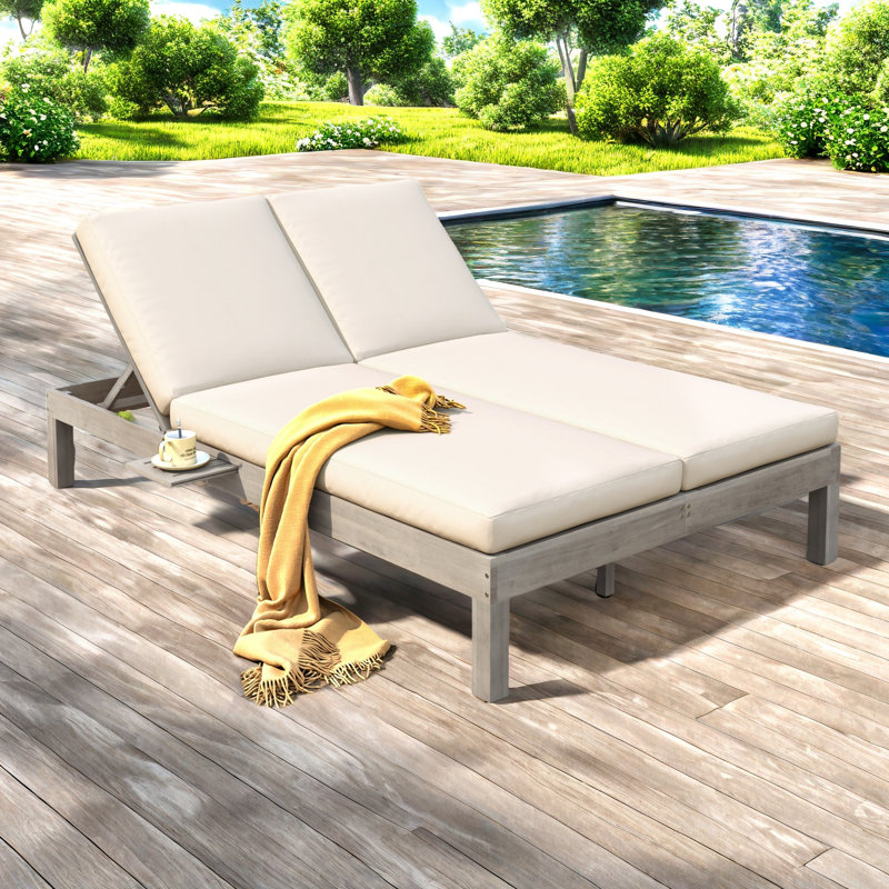 5-Position Adjustable Backrest Double Chaise Lounge Outdoor, Outdoor Chaise Lounge With Cushion And Folding Side Trays For 2 People, Patio Double Chaise Lounge For Poolside Garden