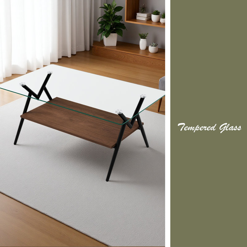 Table basse rectangulaire avec plateau en verre trempé et pieds en métal, table moderne pour le salon, Clair, Brun / Noir