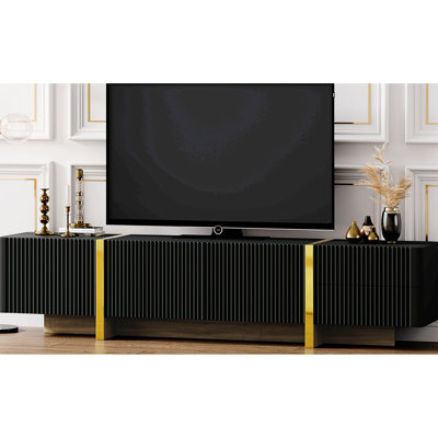 Meuble télé 80 po avec design cannelé: pieds en bois noir et doré de 80 po, noir. Meuble audio-vidéo et design. Tiroirs pour