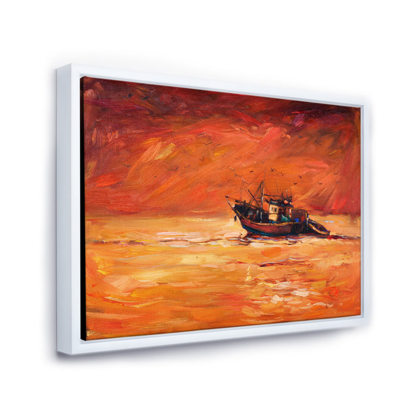 Bateau de pêche pendant la soirée - peinture sur toile, H 30 po x l 40 po x 1,5 po, Cadre flottant blanc