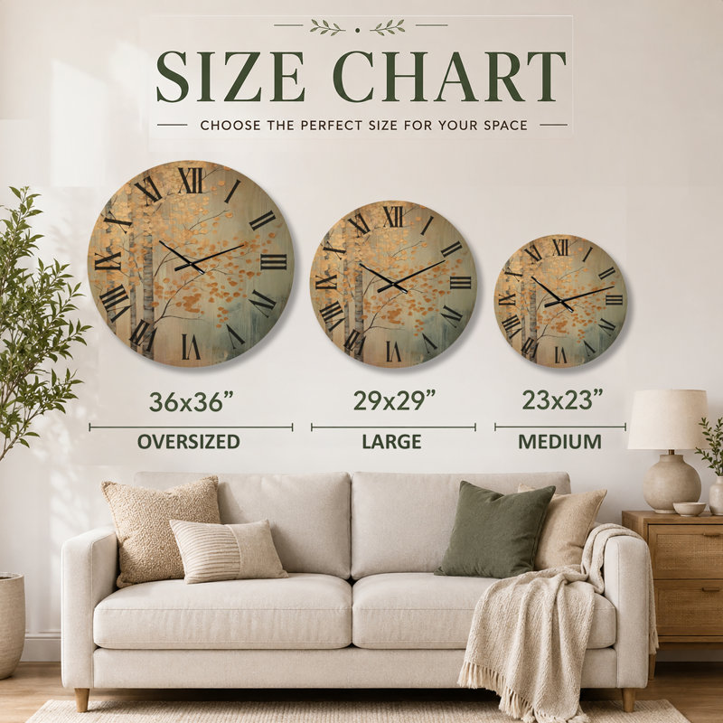 Horloge murale nature minimaliste en bois - Minimalisme, arbres dorés et bleus, scène V, Oversized