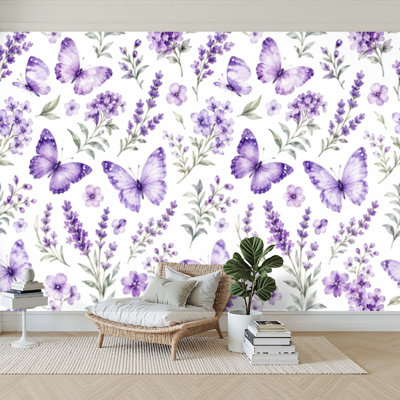 Papier peint adhésif peler et coller fleurs de lavande, papillons, aquarelle, impression florale, papier autocollant amovible, décoration murale pour salon, chambre à coucher H 100 po x l 144 po