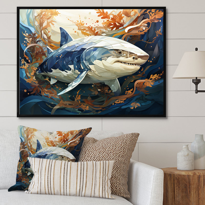 " Gray Orange Shark Harmony ", 34" H x 44" W x 1.5" D, Black Floater Framed