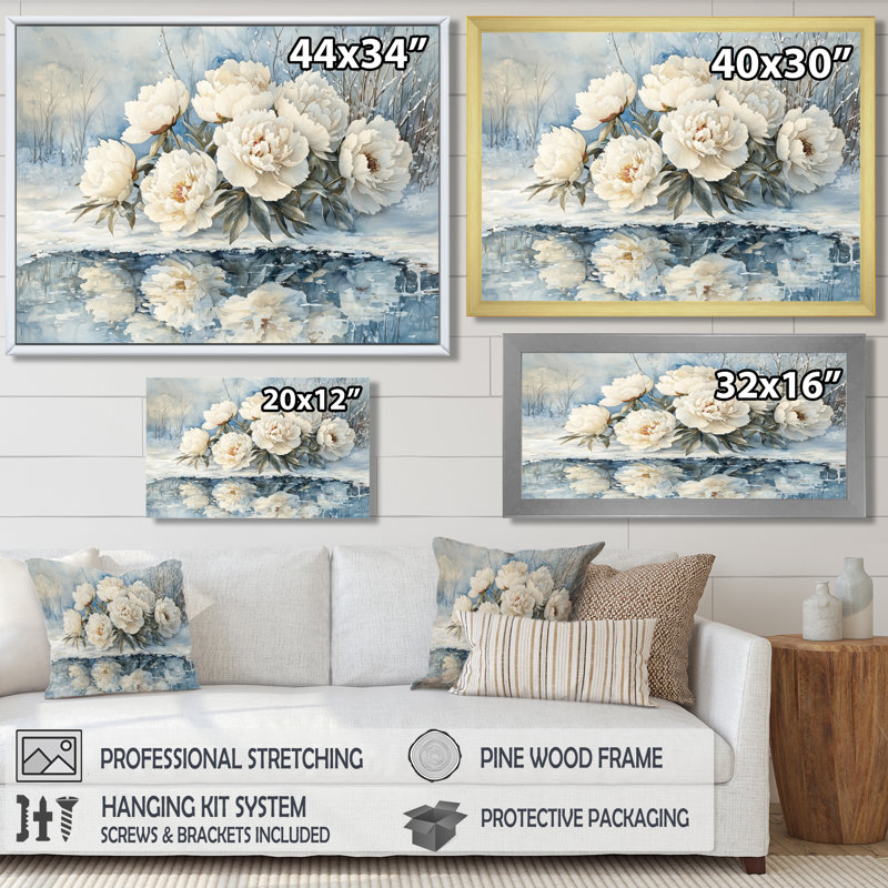 Pivoines blanches par l'étang gelé II - pivoines, art mural, Reproduction encadrée d'une seule photo, Noir, noir, noir, noir
