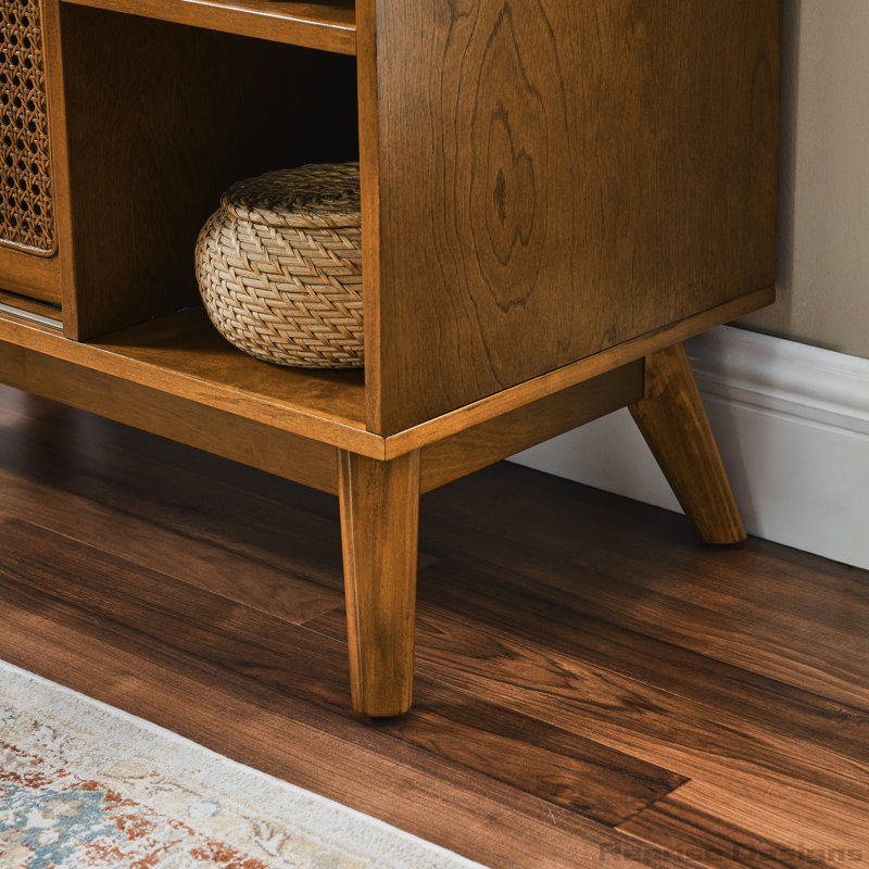 Light Walnut Rattan Sideboard Cabinet with Solid Wood Feet