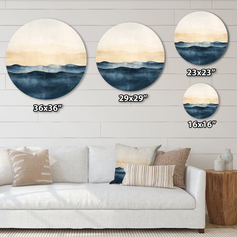 Shoreline in Soft Abstraction I - Art mural rond en métal paysage moderne, H 16 po x l 16 po