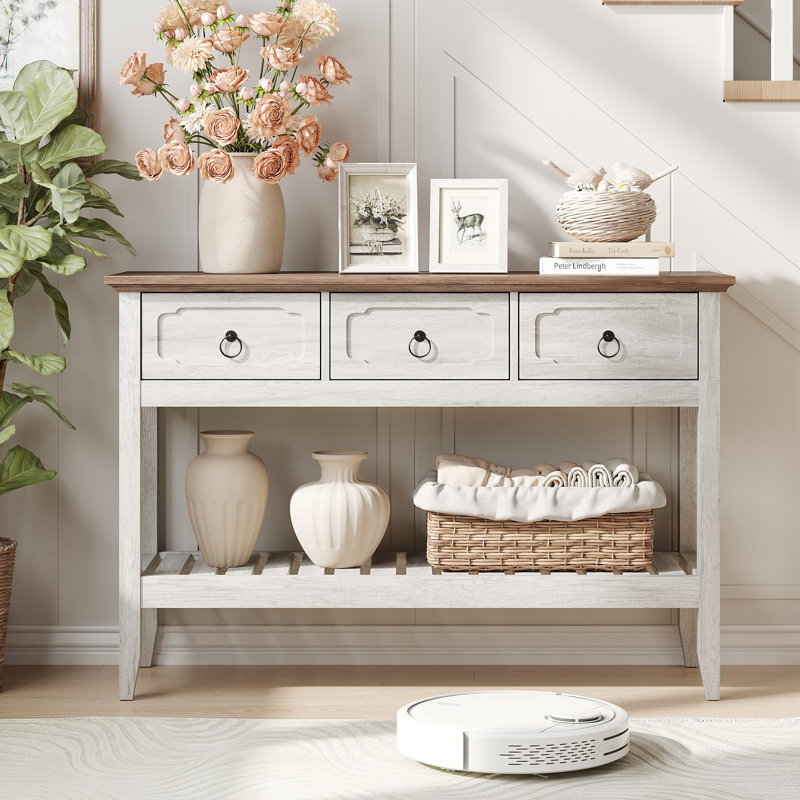 Rustic Entryway Table With Large Storage Space, White, Brown