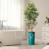 Artificial Tree in Black White Wood Tree Rings Pattern Planter Fake Bamboo Silk Tree