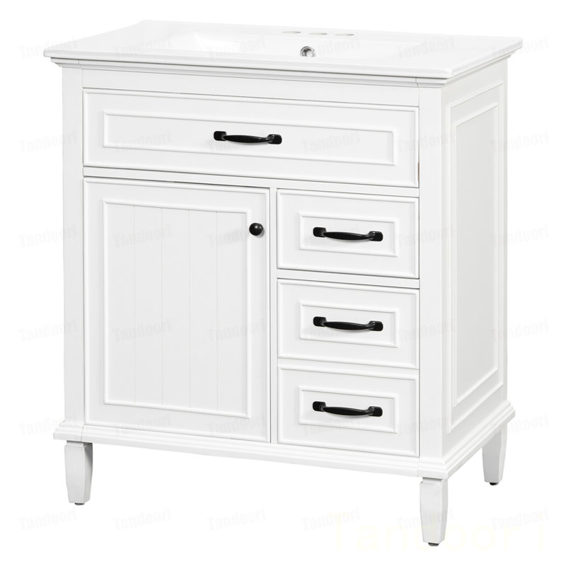 Meuble-lavabo de salle de bain avec comptoir en céramique, structure en bois massif, armoire en bois aggloméré et en pin, tiroirs rabattables, tablette réglable et poignées en alliage de zinc, armoire de rangement autoportante (robinet non inclus)