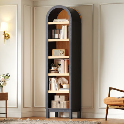 6-Tier Arched Storage Bookcase with 2 Adjustable Shelves,Wood Bookshelf Open Display Shelves for Living Room,Entryway,Bedroom,Rich Black and Light Honey,Assembly Require