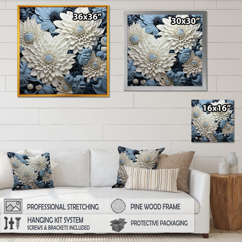 "Graceful Mums" noir et bleu pâle, peinture III sur toile, H 16 po x l 16 po x P 1 po, Cadre flottant blanc