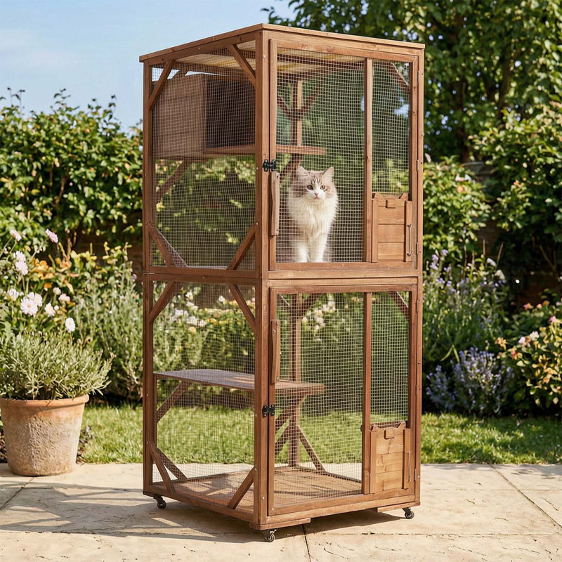 Grande cage extérieure pour chat en bois à 2 niveaux sur roulettes verrouillables, cage en forme de sapin massif avec plateformes à plusieurs niveaux et maison de repos, résistante aux intempéries et à l'épreuve des prédateurs