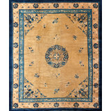Antique Peking Chinese Medallion Yellow 1930s Rug