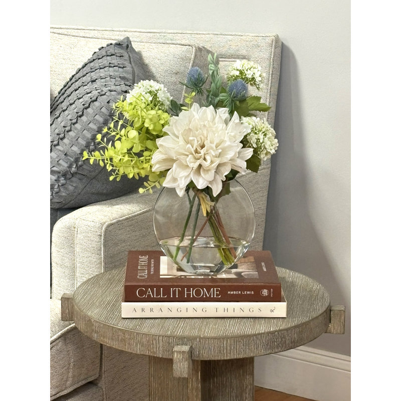 Dahlias and Eucalyptus Centerpiece in Vase, Beige