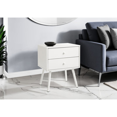 Contemporary 24-inch White Accent Table With Two Spacious Storage Drawers, Modern Style, Round Wood Handles, Stable Legs High End And Handles For Bedr