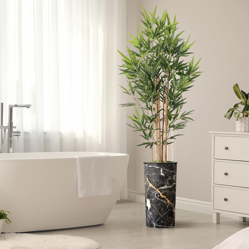 Artificial Tree in Contemporary Planter Fake Bamboo Silk Tree (Plant Pot Plus Tree), Granite Dark Grey