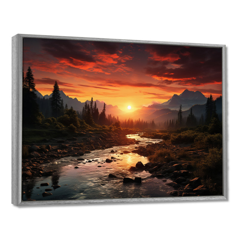 «Sunrise Morning At The River - Sunrise & Sunset», art mural, H 16 po x l 32 po x P 1 po, Encadrement argenté
