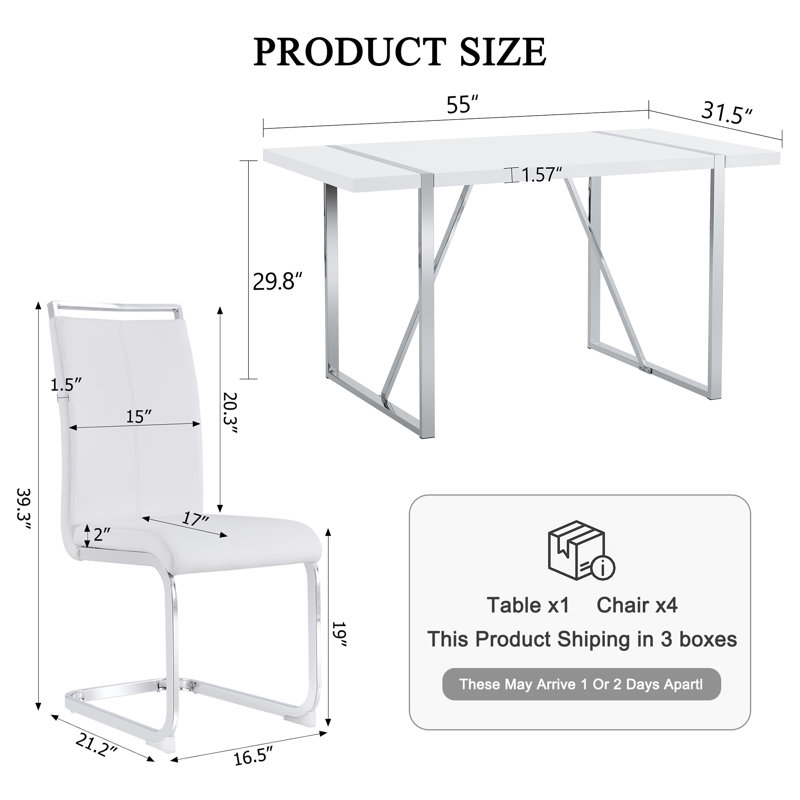 Ensemble de salle à manger 5 pièces rectangulaire moderne avec fauteuils en similicuir pour petits espaces, 5, Blanc