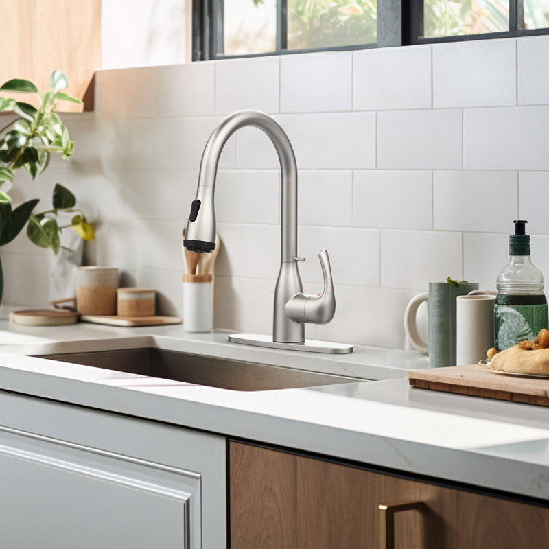 Robinet de cuisine en acier inoxydable en nickel brossé, 4 modes de pulvérisation rétractables, conception à boucle verrouillable, grattoir, pour éviers de bar, 1,8 gallon par minute, pivotant sur 360 °, méthode d'installation rapide avec 4 robinets en nickel