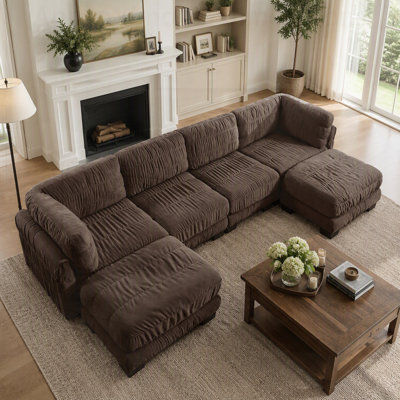 Canapé d'angle modulaire 4 places en chenille à détails froncés, avec poufs amovibles, mousse haute densité et montage facile pour salon ou chambre.