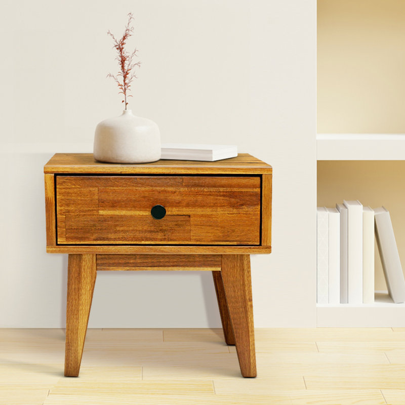 Table de chevet en bois massif à 1 tiroir Mid-Century Acacia Crantor, Caramel