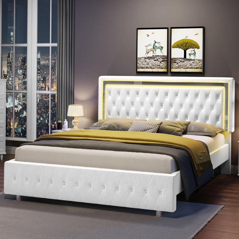 White Velvet Queen Platform Bed with LED Lighted Tufted Headboard