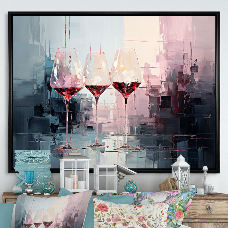 «Wine verres Deep collage - Wine», art mural encadré, Cadre flottant noir, H 34 po x l 44 po x P 1,5 po