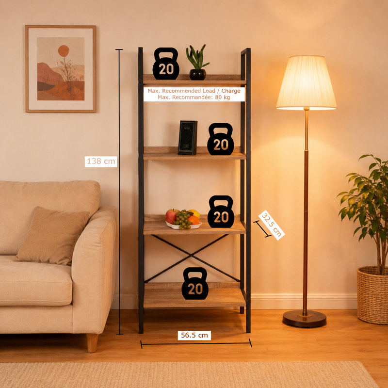 Bibliothèque échelle à 4 niveaux Zynix avec structure en métal, étagère de rangement en chêne rustique pour salon, chambre et bureau, 56,5 x 32,5 x 138 cm