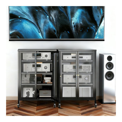 Meuble télé stéréo avant de 91 cm de haut avec roulettes, 4 tablettes en verre ajustables et porte, structure en acier robuste pour le salon, montage facile